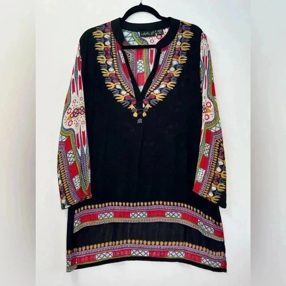 Lola‎ P. Long Sleeves V Neck Bohemian Tunic Top Sz M